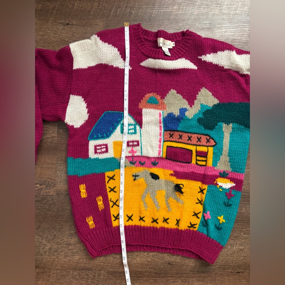 Vintage 80s WHITE STAG sweater knit farm scene folk art whimsical rare sz M EUC - Picture 12 of 16